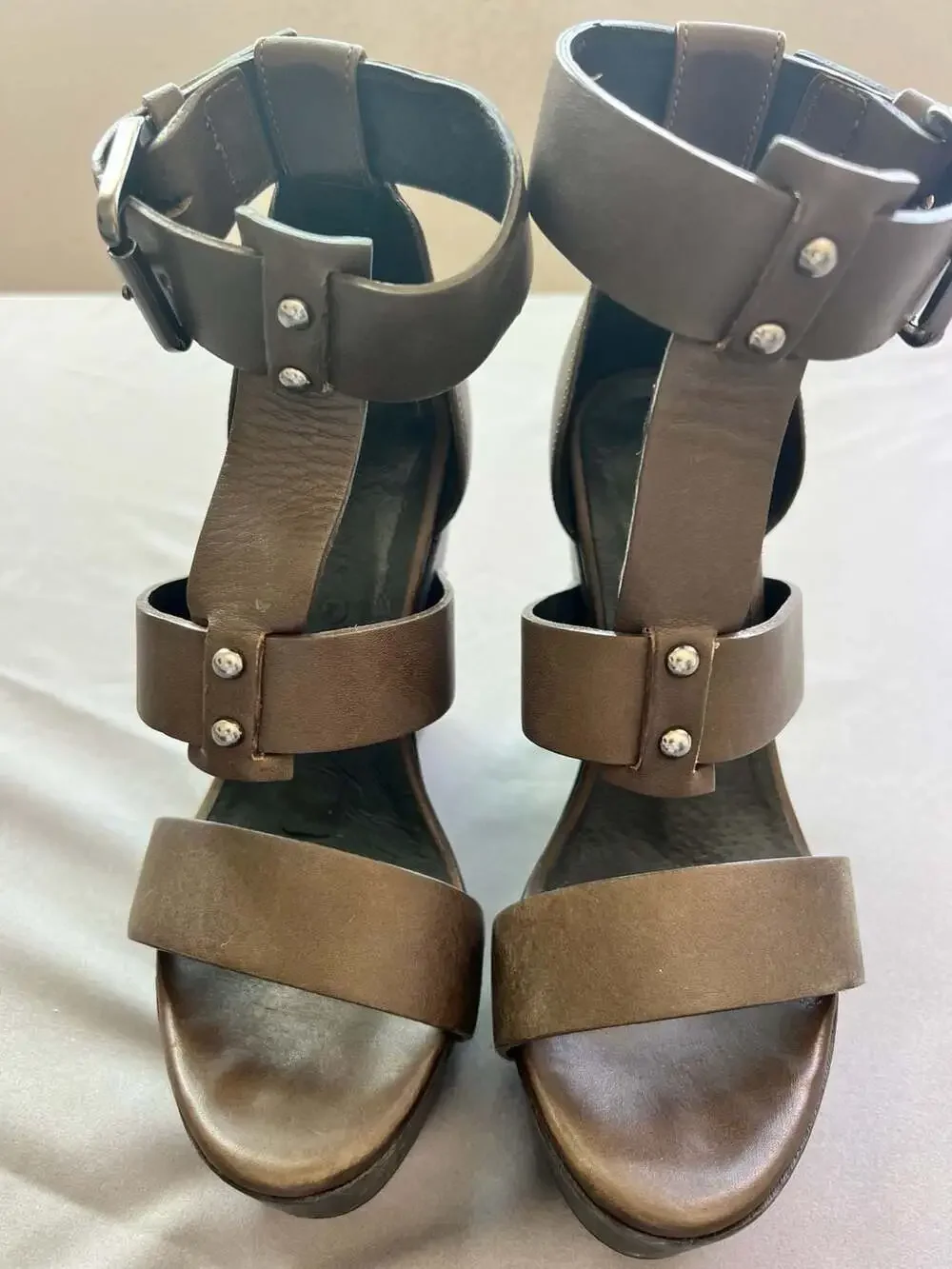 AllSaints Rotchko Brown Leather Studded Platform Wedge Sandals Size EU 36